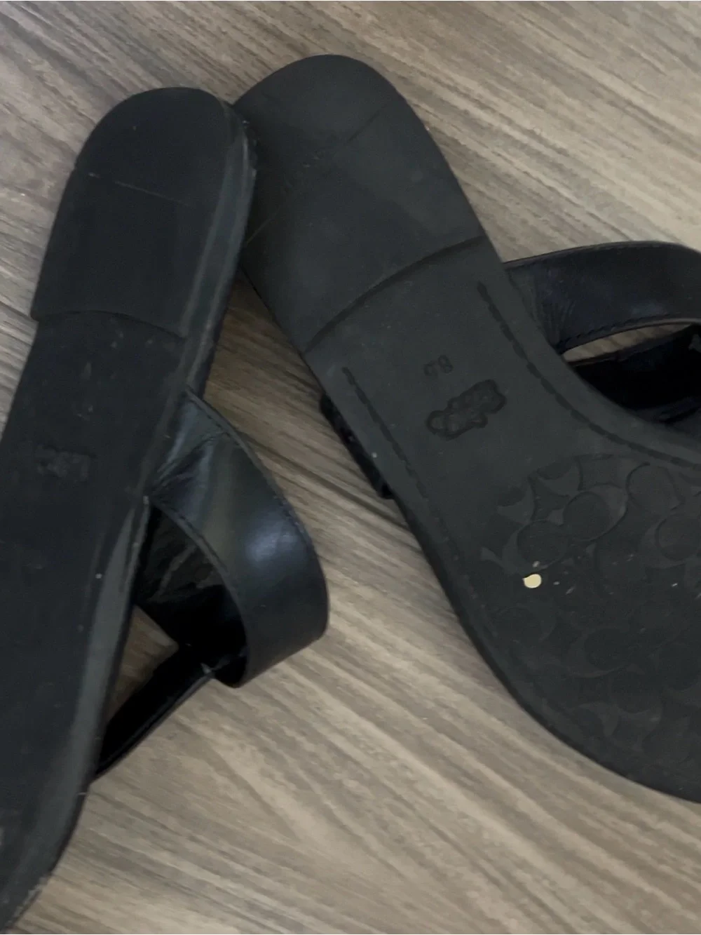Coach Black Leather Toe-Post Sandals with Gold C Accent